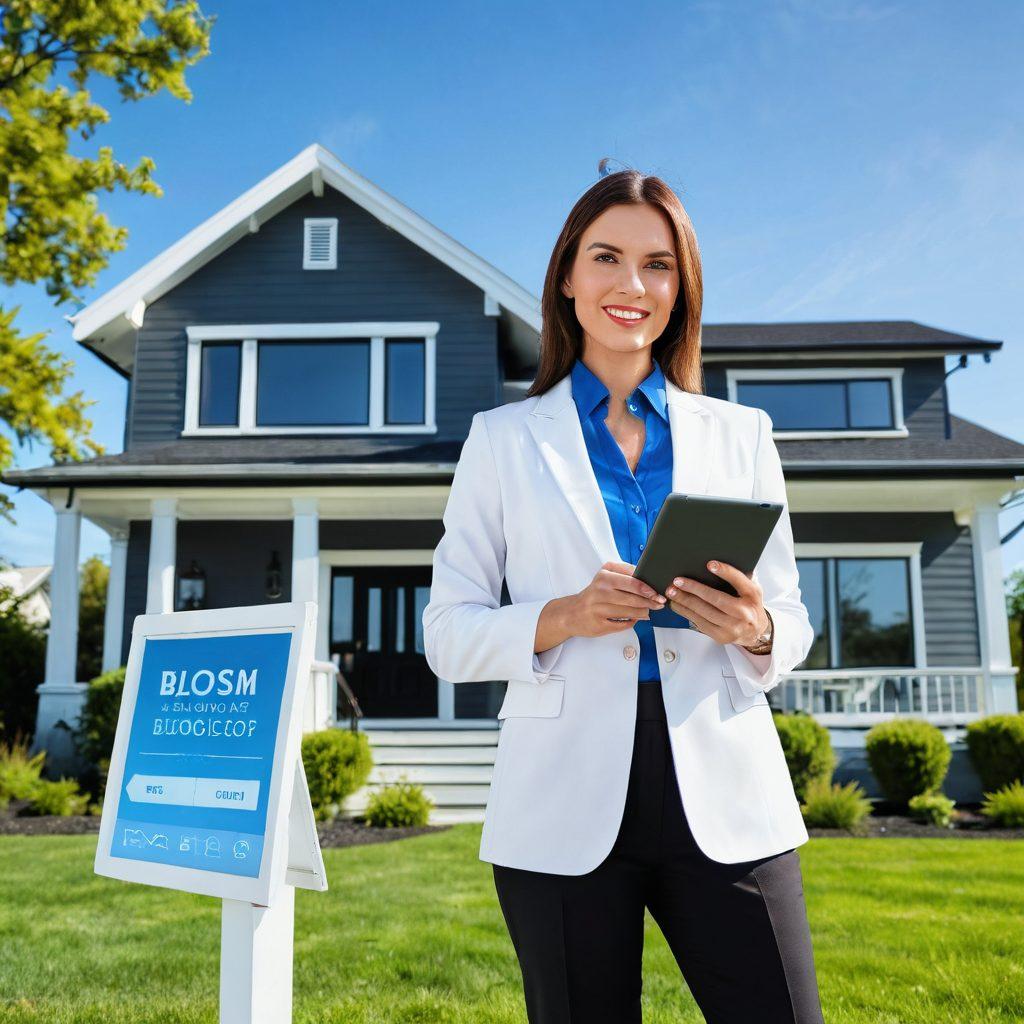 A modern realtor standing confidently in front of a stylish home for sale, holding a digital tablet displaying a blog titled 'Essential Blogging Tips for Realtors.' The background showcases a clear blue sky and vibrant greenery, symbolizing success in real estate. Include elements like social media icons and real estate signs subtly integrated into the scene, highlighting digital marketing strategies. super-realistic. vibrant colors. white background.