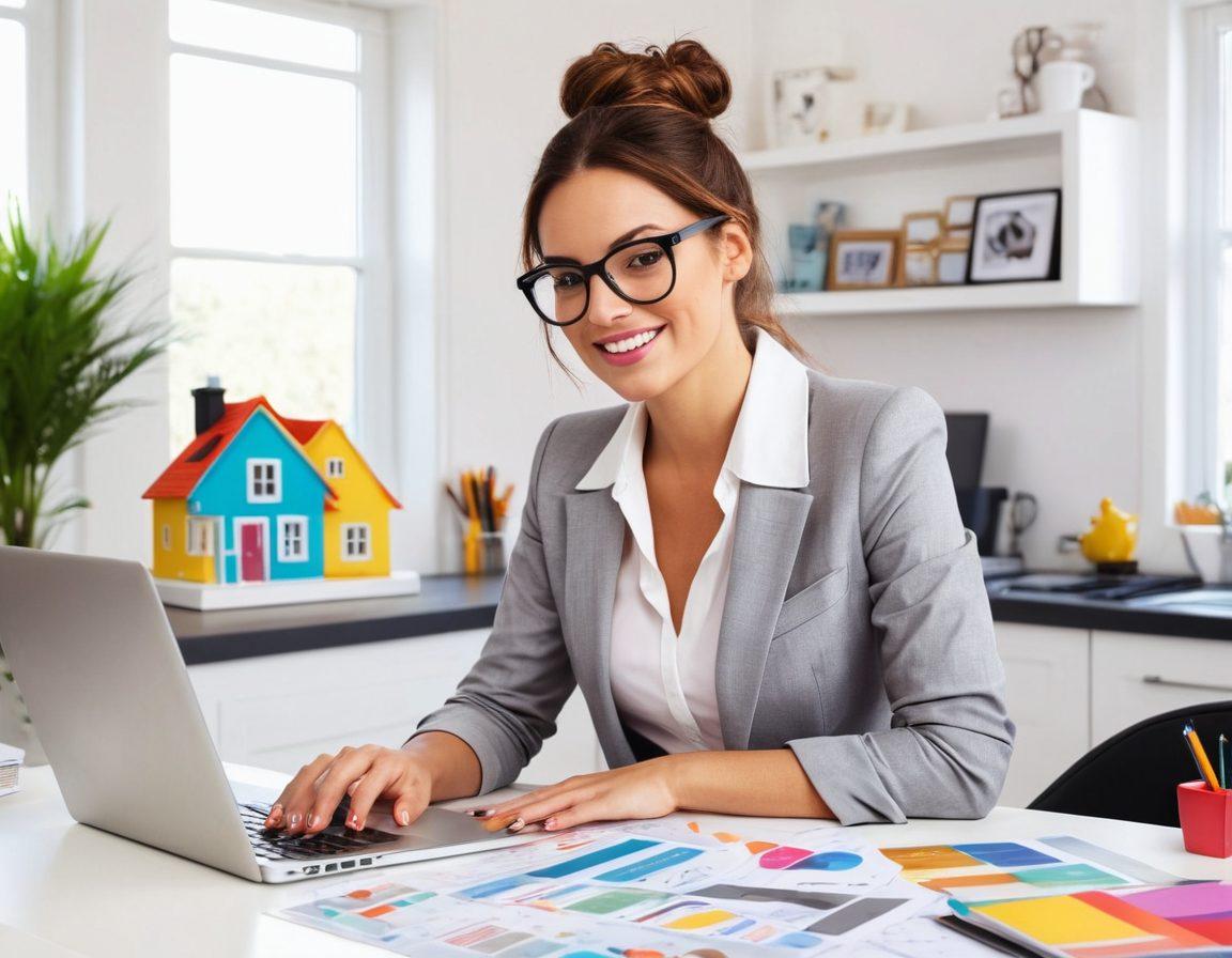 A dynamic scene depicting a confident real estate agent typing on a laptop at a stylish desk, showcasing a ‘Sold’ sign in the background. Include vibrant houses and happy new homeowners celebrating outside, with a thought bubble showing blog elements like charts and articles. The image should convey the transition from listings to successful sales intertwined with a digital blogging theme. super-realistic. vibrant colors. white background.