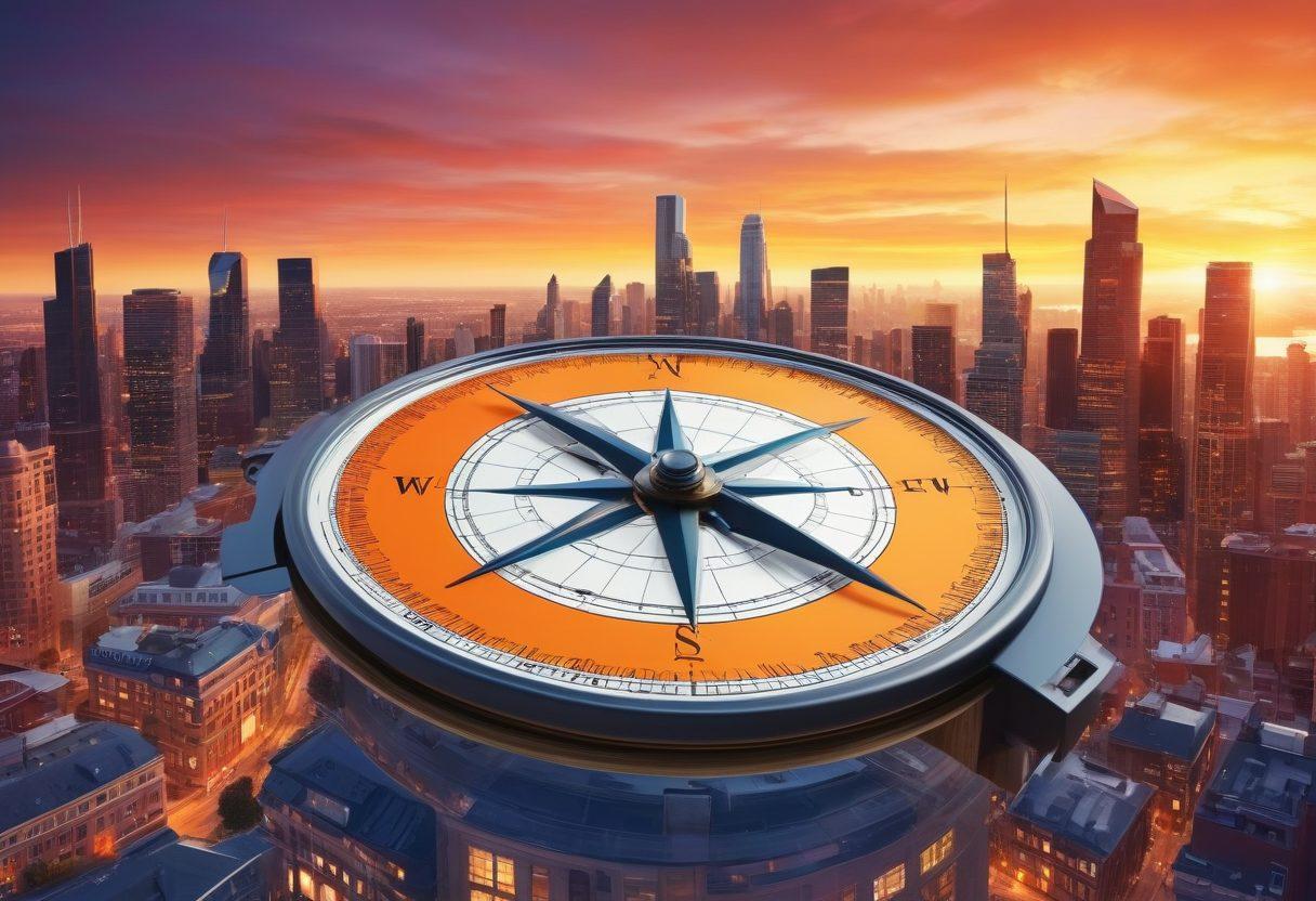 A compass overlaying a city skyline made up of various architectural styles, symbolizing guidance in the real estate market. Include vibrant arrows pointing to different properties, such as residential, commercial, and industrial. The background features a sunset that paints the sky in warm colors, suggesting opportunity and growth. Use elements like houses, skyscrapers, and a map subtly integrated into the design. super-realistic. vibrant colors. 3D.